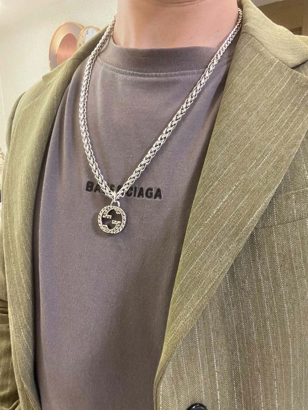 Gucci GG Chain Silver Green Braided Curb Interlocking G Pendant Necklace 8