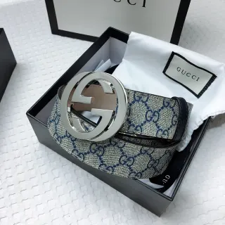 Gucci GG Marmont Beige Navy Interlocking G Buckle Monogram Canvas Leather Belt