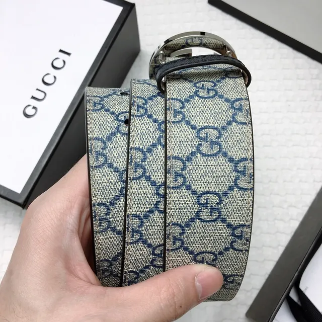 Gucci GG Marmont Beige Navy Interlocking G Buckle Monogram Canvas Leather Belt 2