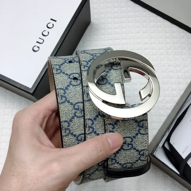 Gucci GG Marmont Beige Navy Interlocking G Buckle Monogram Canvas Leather Belt 3