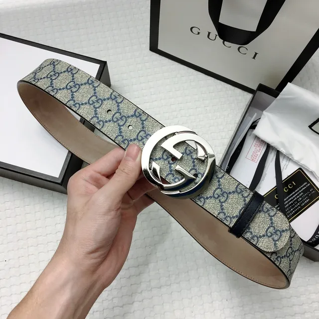 Gucci GG Marmont Beige Navy Interlocking G Buckle Monogram Canvas Leather Belt 4