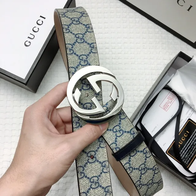Gucci GG Marmont Beige Navy Interlocking G Buckle Monogram Canvas Leather Belt 5