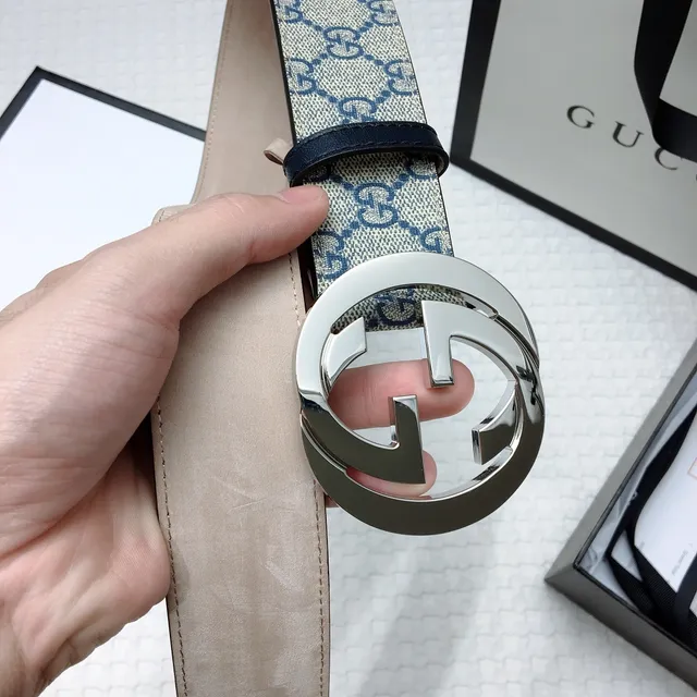 Gucci GG Marmont Beige Navy Interlocking G Buckle Monogram Canvas Leather Belt 7