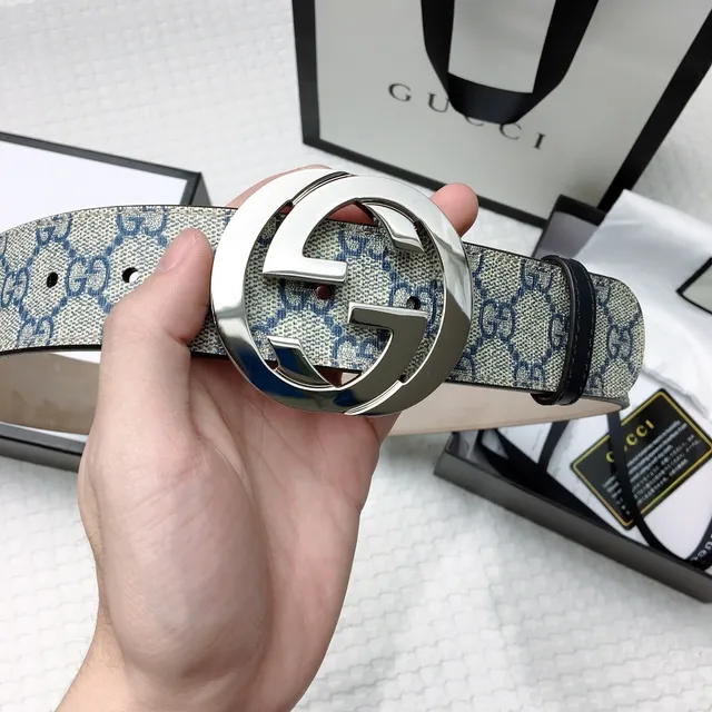Gucci GG Marmont Beige Navy Interlocking G Buckle Monogram Canvas Leather Belt 8