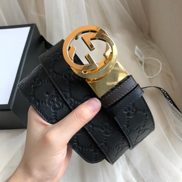 Gucci GG Marmont Black Gold Embossed Monogram Interlocking G Buckle Leather Belt 2