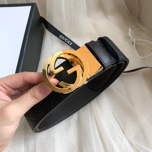 Gucci GG Marmont Black Gold Embossed Monogram Interlocking G Buckle Leather Belt 4