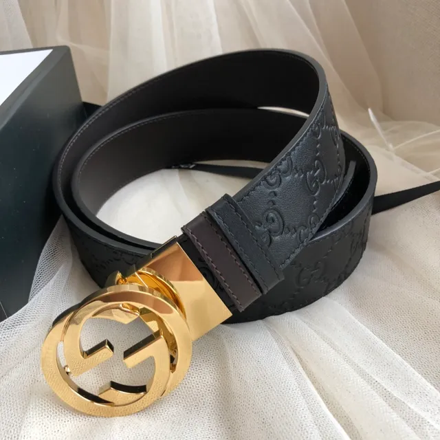 Gucci GG Marmont Black Gold Embossed Monogram Interlocking G Buckle Leather Belt 5