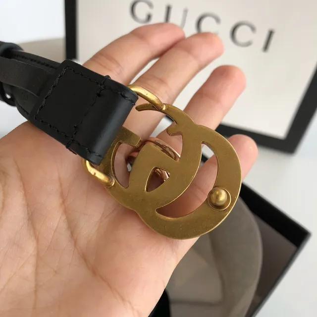 Gucci GG Marmont Black Gold Interlocking G Buckle Leather Belt 2