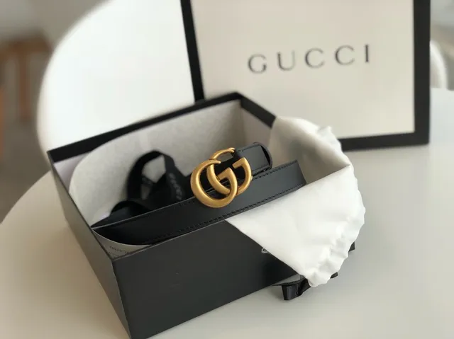 Gucci GG Marmont Black Gold Interlocking G Buckle Leather Belt 6