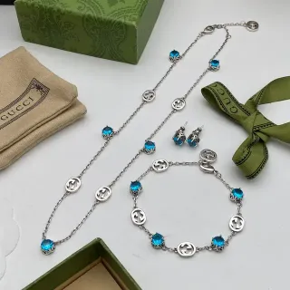 Gucci GG Marmont Blue Silver Interlocking G Motif Chain-Link Construction Necklace