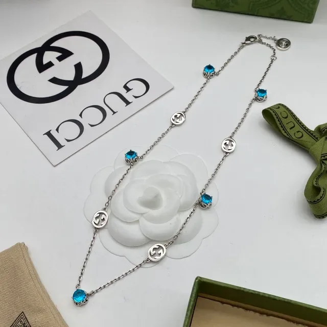 Gucci GG Marmont Blue Silver Interlocking G Motif Chain-Link Construction Necklace 7