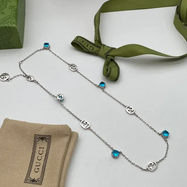 Gucci GG Marmont Blue Silver Interlocking G Motif Chain-Link Construction Necklace 8