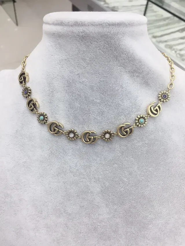 Gucci GG Marmont Gold Blue Chain Interlocking G Motifs Necklace 2