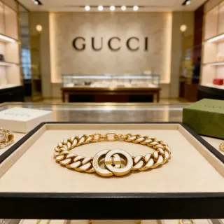 Gucci GG Marmont Gold White Chunky Curb-Link Chain Enamel Inlay Bracelet