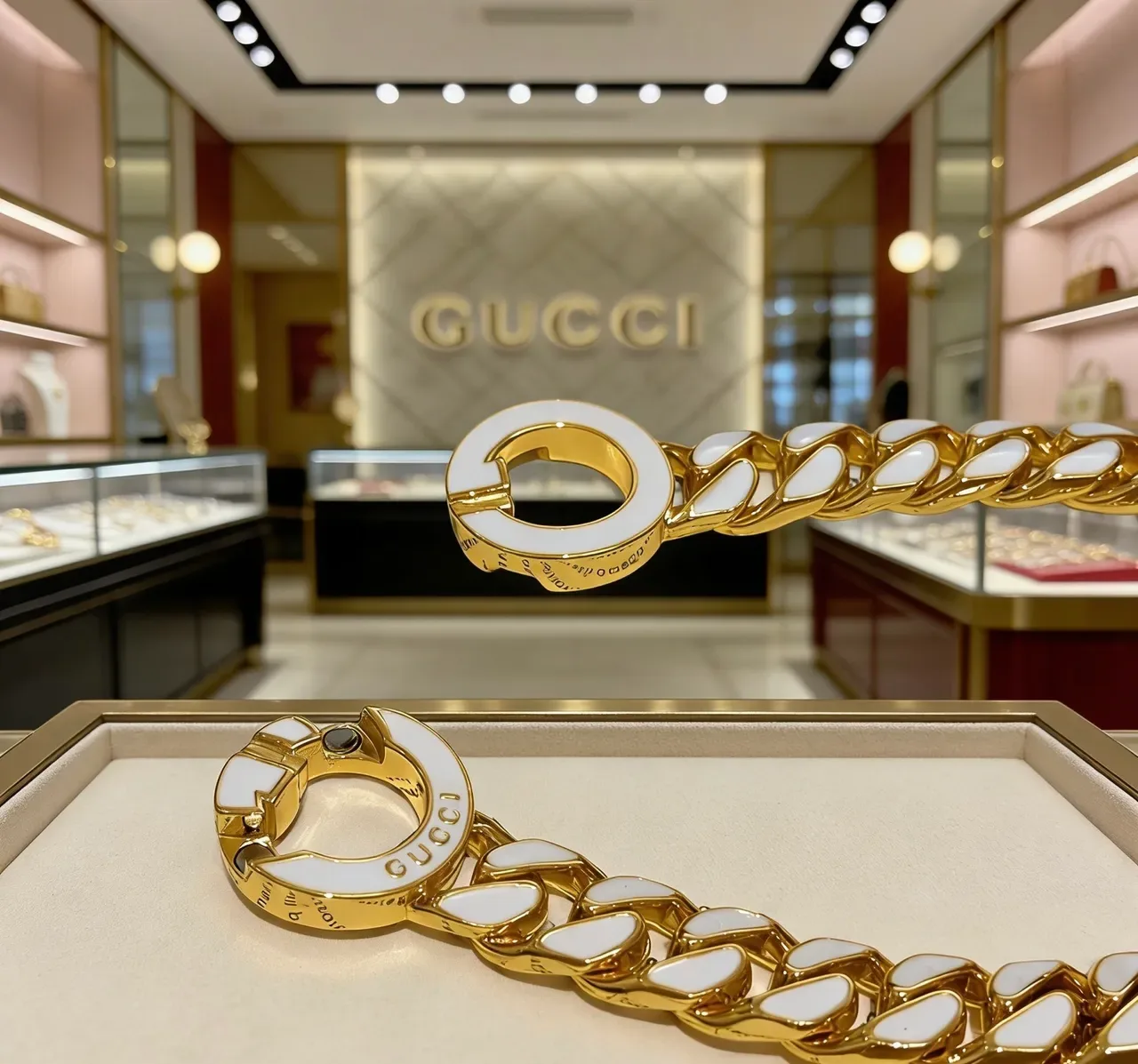 Gucci GG Marmont Gold White Chunky Curb-Link Chain Enamel Inlay Bracelet 7
