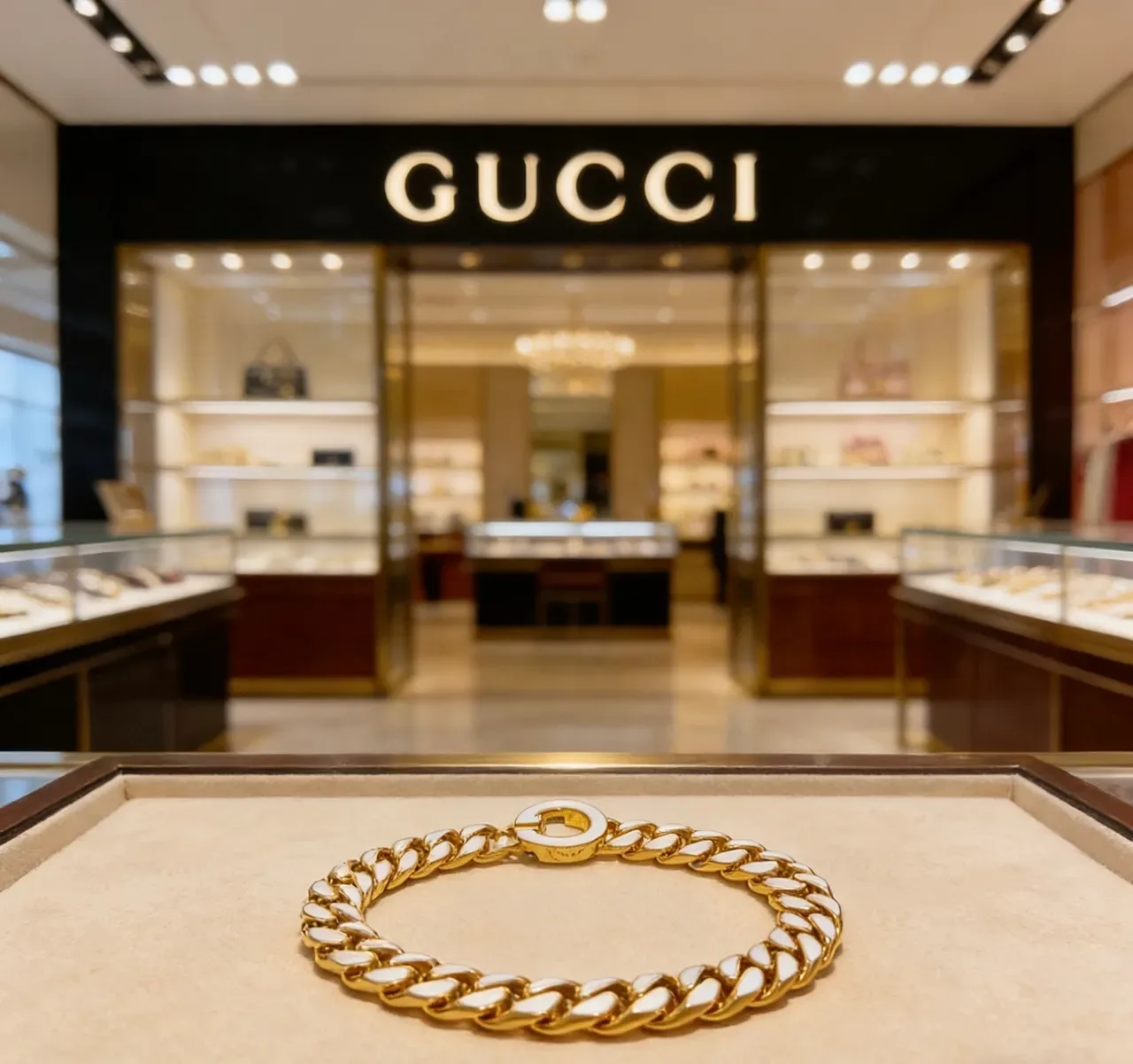 Gucci GG Marmont Gold White Chunky Curb-Link Chain Enamel Inlay Bracelet 8