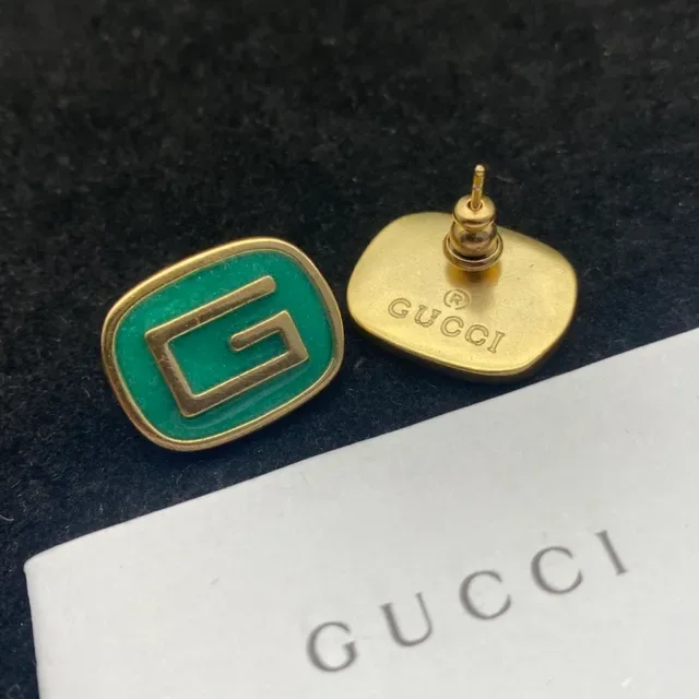 Gucci GG Marmont Green Gold Square Stud Enamel Earrings 2