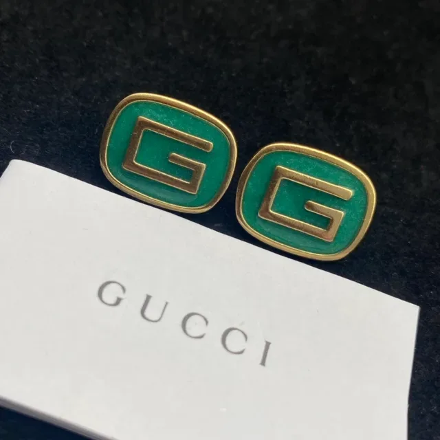 Gucci GG Marmont Green Gold Square Stud Enamel Earrings 5