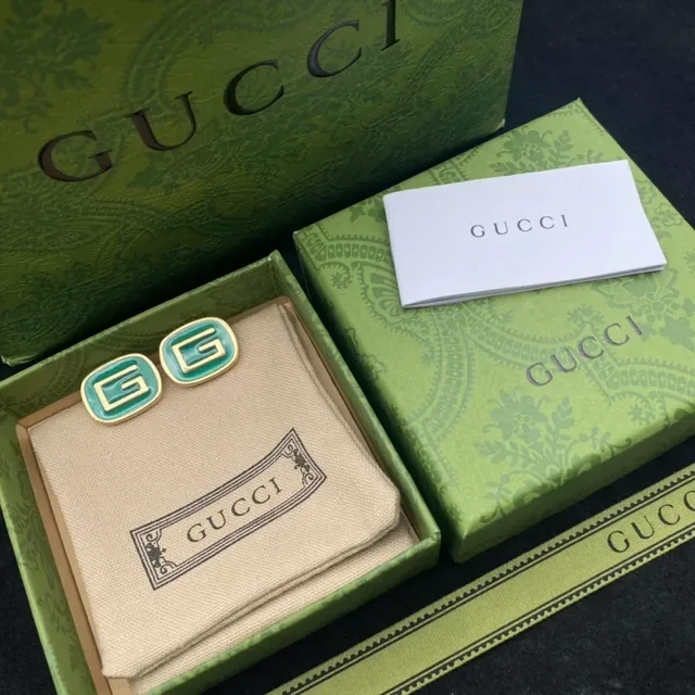 Gucci GG Marmont Green Gold Square Stud Enamel Earrings 6