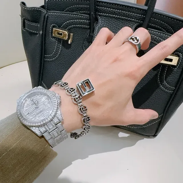 Gucci GG Marmont Interlocking G-Link Silver and Black Enamel Bracelet 2
