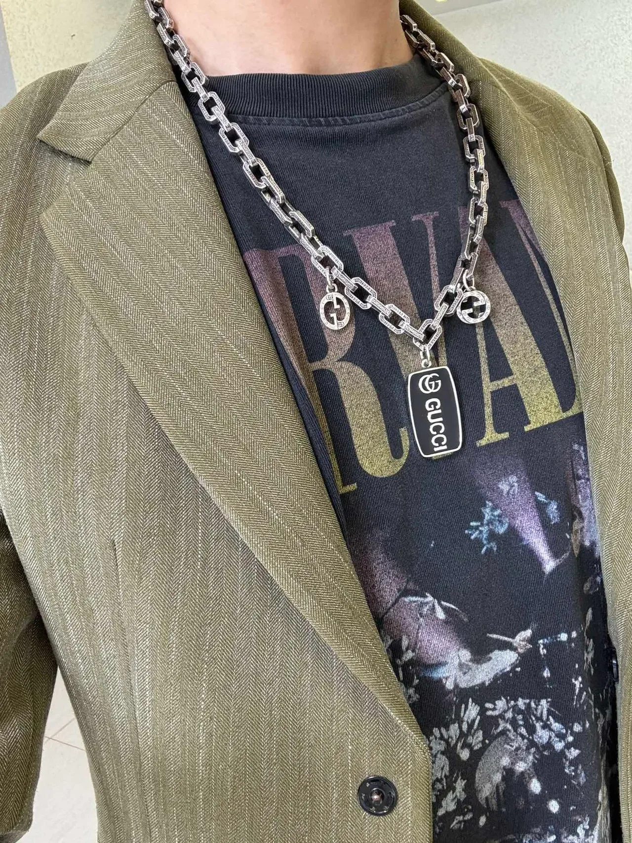Gucci GG Marmont Colar Corrente Chunky Link Prata Preta Charms Duplo G 2