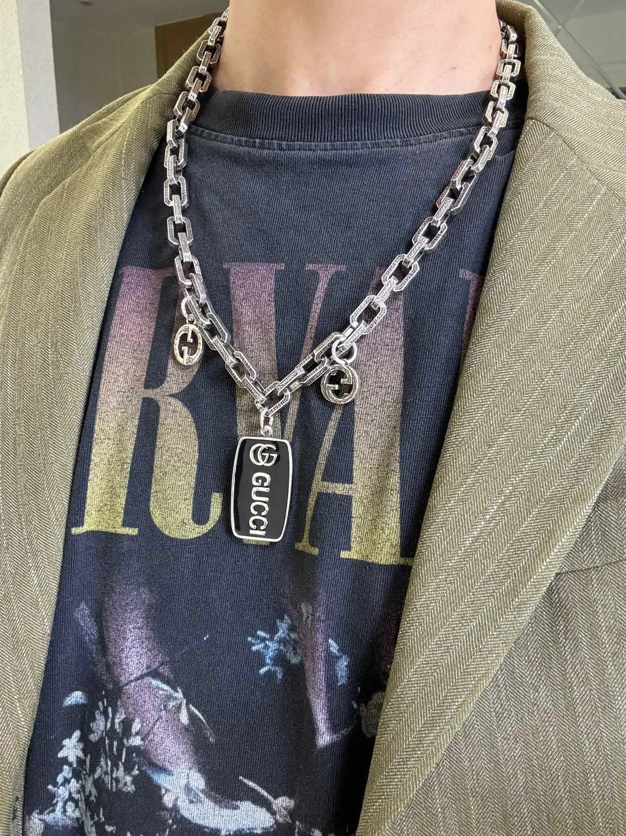 Gucci GG Marmont Colar Corrente Chunky Link Prata Preta Charms Duplo G 5