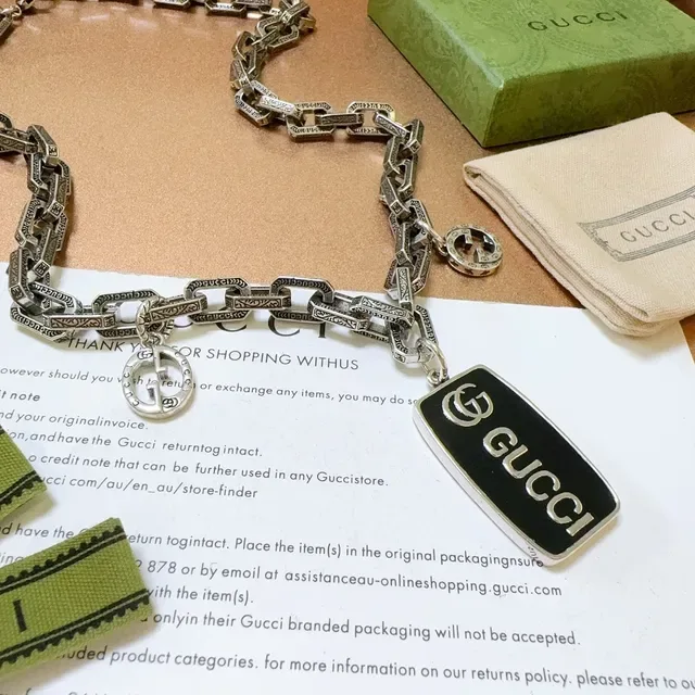 Gucci GG Marmont Colar Corrente Chunky Link Prata Preta Charms Duplo G 6