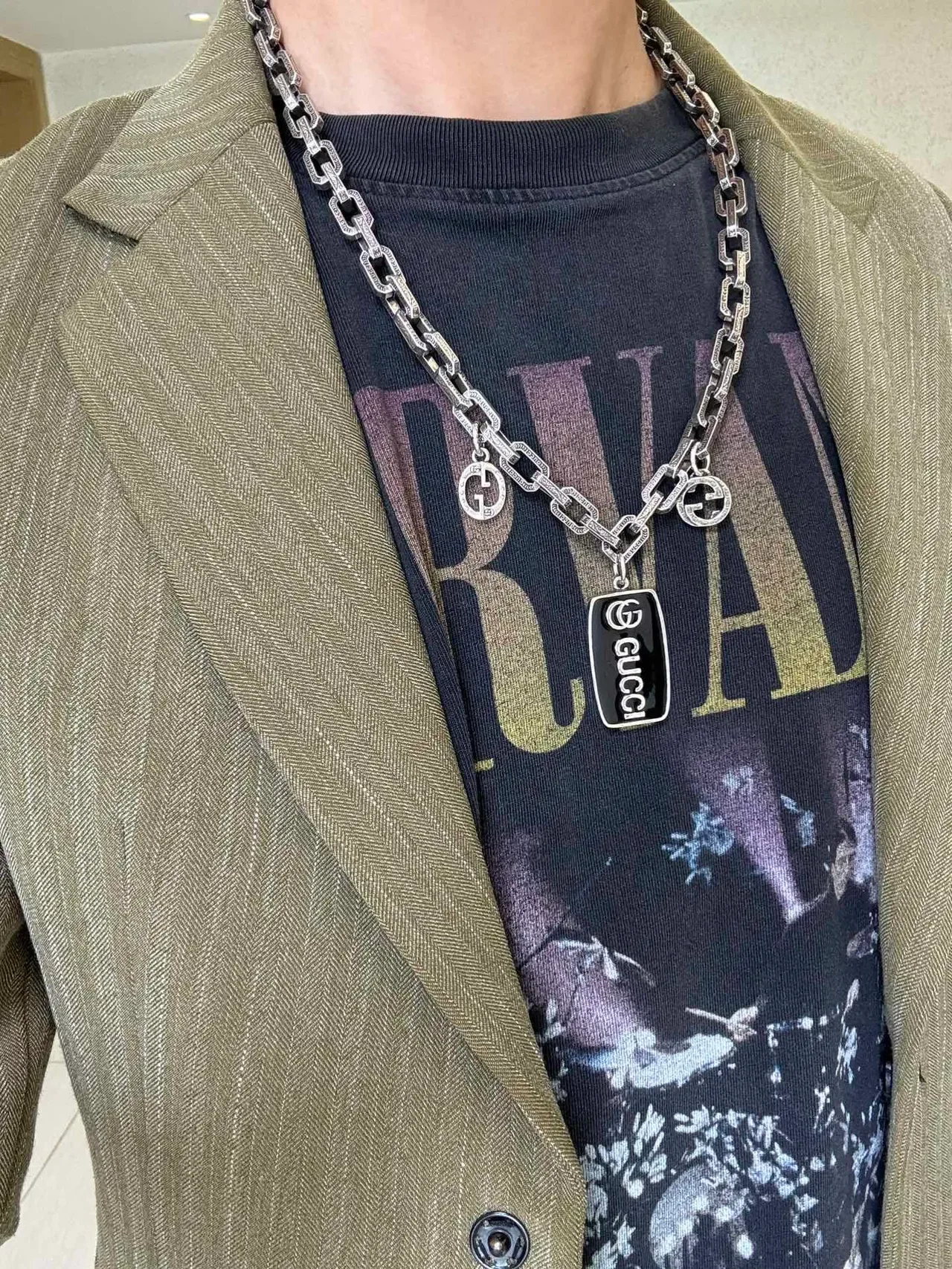 Gucci GG Marmont Colar Corrente Chunky Link Prata Preta Charms Duplo G 7