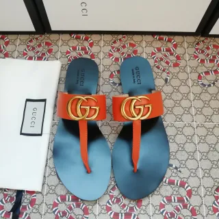 Gucci GG Marmont Orange Blue Interlocking Hardware Wide Leather Strap Casual Sandals