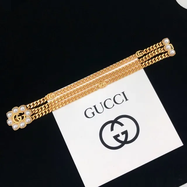 Gucci GG Marmont Collier Chaîne Double Doré avec Perles 2