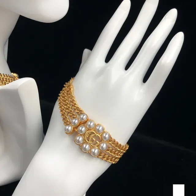 Gucci GG Marmont Collier Chaîne Double Doré avec Perles 3