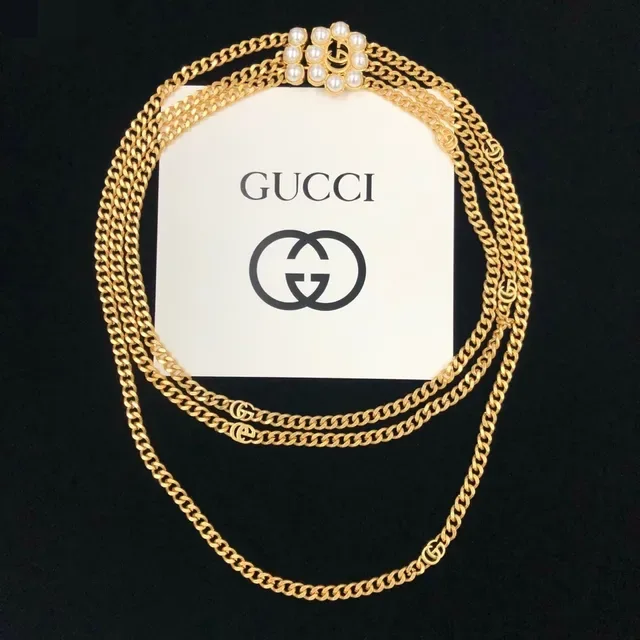 Gucci GG Marmont Collier Chaîne Double Doré avec Perles 5