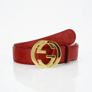 Gucci GG Marmont Red Gold Embossed Monogram Circular Interlocking G Buckle Leather Belt
