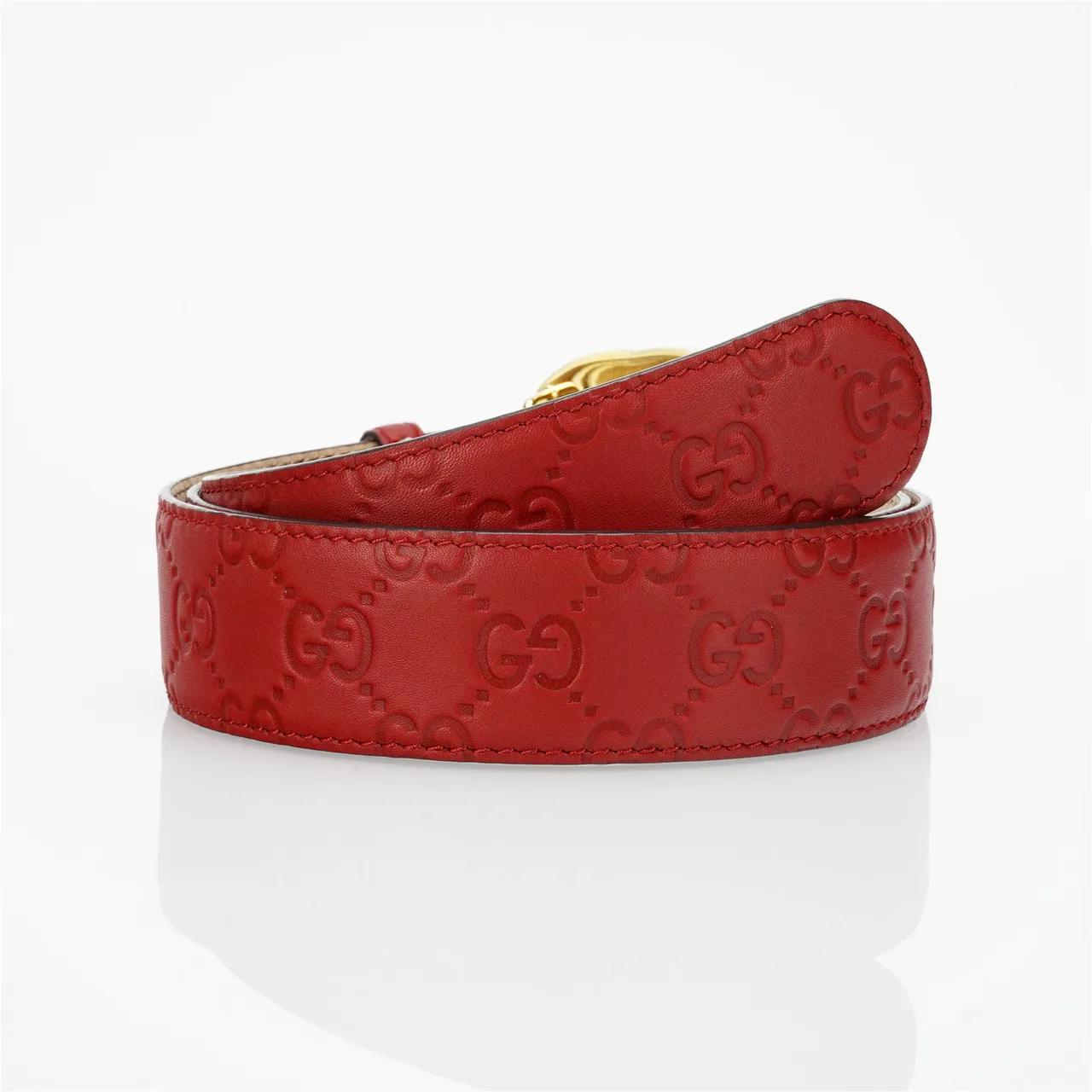 Gucci GG Marmont Red Gold Embossed Monogram Circular Interlocking G Buckle Leather Belt 3