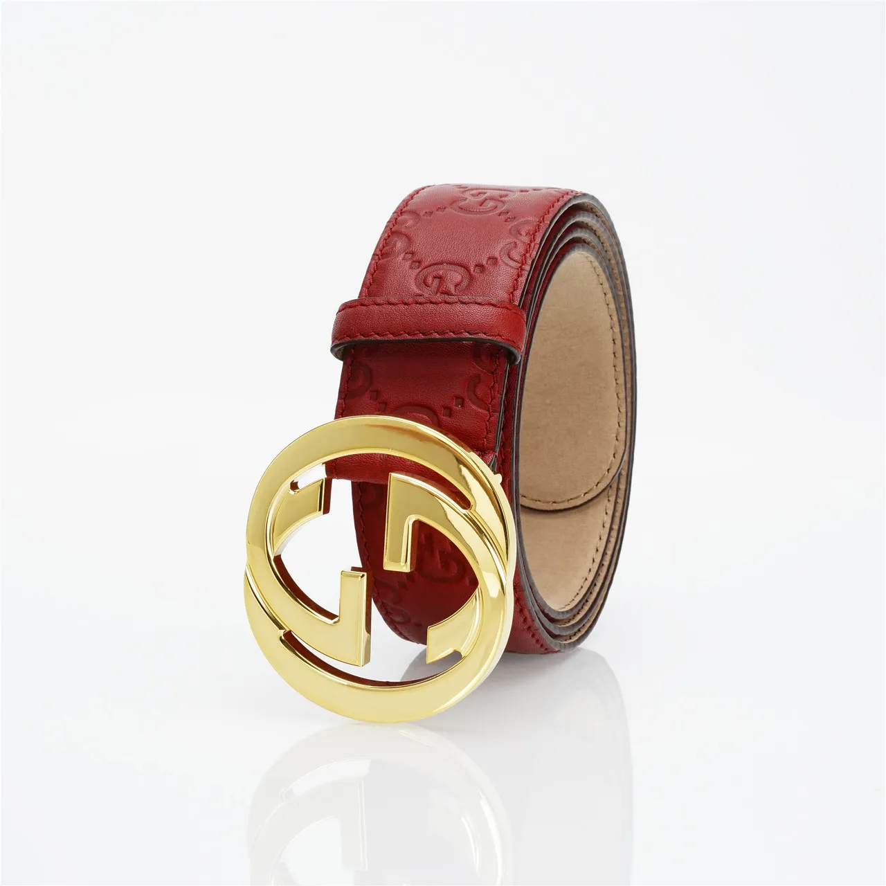 Gucci GG Marmont Red Gold Embossed Monogram Circular Interlocking G Buckle Leather Belt 6