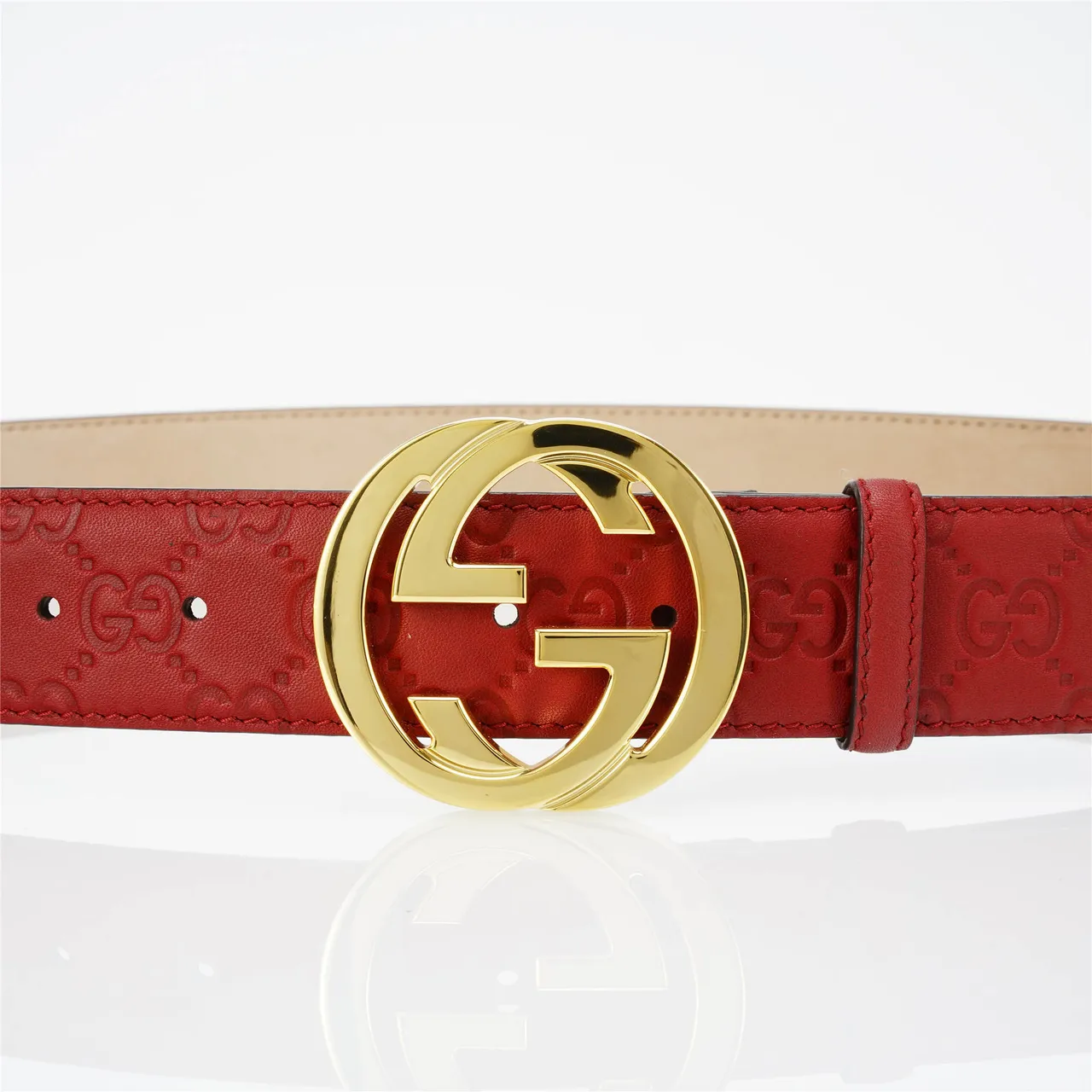 Gucci GG Marmont Red Gold Embossed Monogram Circular Interlocking G Buckle Leather Belt 8