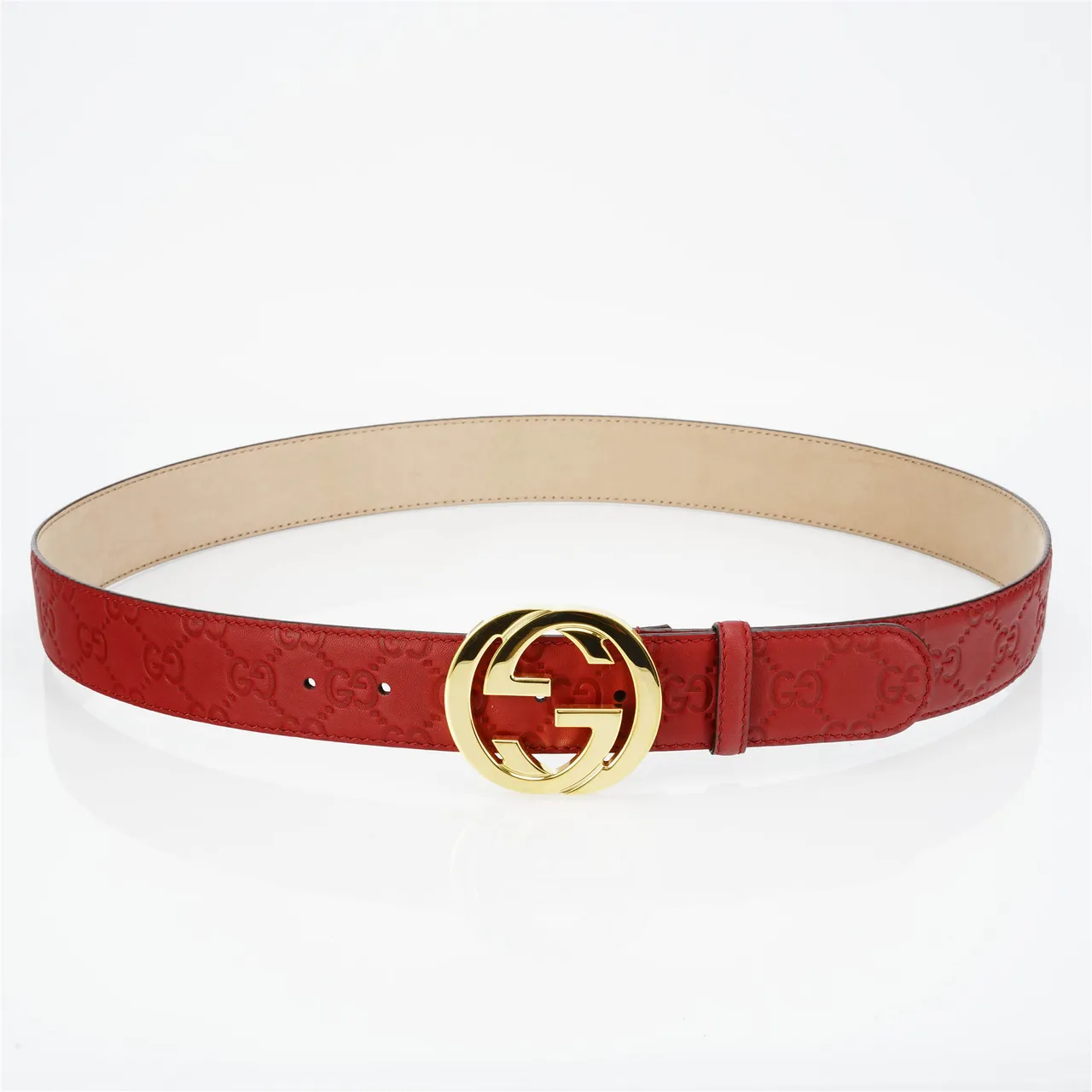 Gucci GG Marmont Red Gold Embossed Monogram Circular Interlocking G Buckle Leather Belt 9