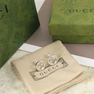 Gucci GG Marmont Silver Beige Interlocking G Logo Circular Stud Earrings