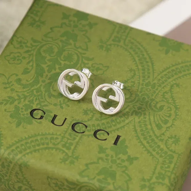 Gucci GG Marmont Silver Beige Interlocking G Logo Circular Stud Earrings 3