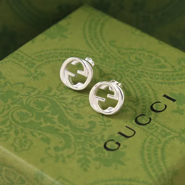 Gucci GG Marmont Silver Beige Interlocking G Logo Circular Stud Earrings 9