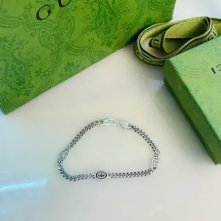 Gucci GG Marmont Silver Black Curb Chain Interlocking Motifs Bracelet