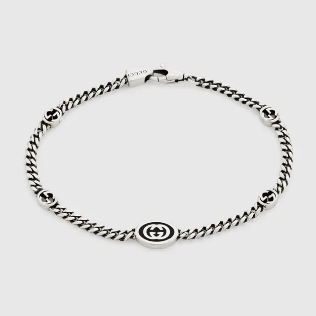 Gucci GG Marmont Silver Black Curb Chain Interlocking Motifs Bracelet 2