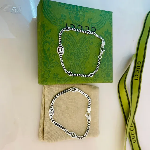 Gucci GG Marmont Silver Black Curb Chain Interlocking Motifs Bracelet 4