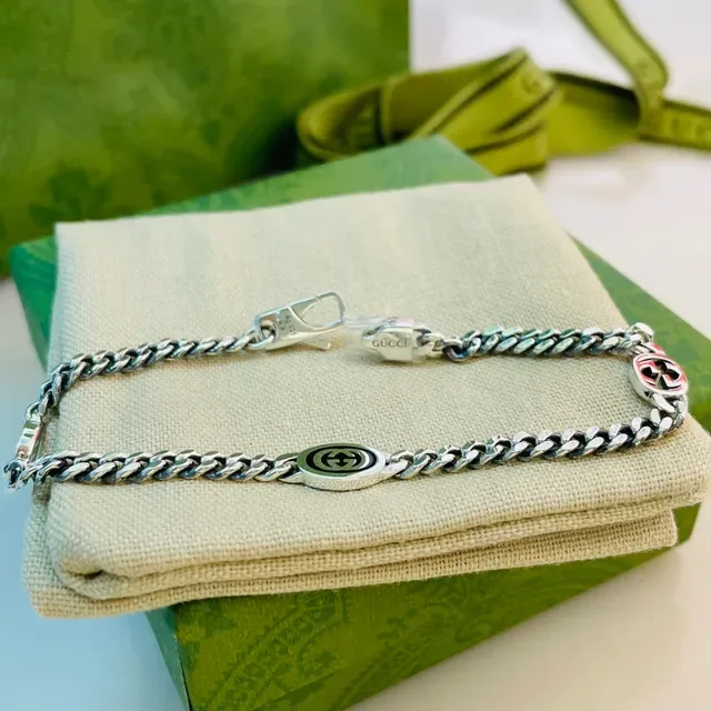 Gucci GG Marmont Silver Black Curb Chain Interlocking Motifs Bracelet 5