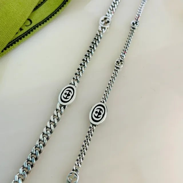Gucci GG Marmont Silver Black Curb Chain Interlocking Motifs Bracelet 7