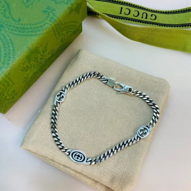 Gucci GG Marmont Silver Black Curb Chain Interlocking Motifs Bracelet 8