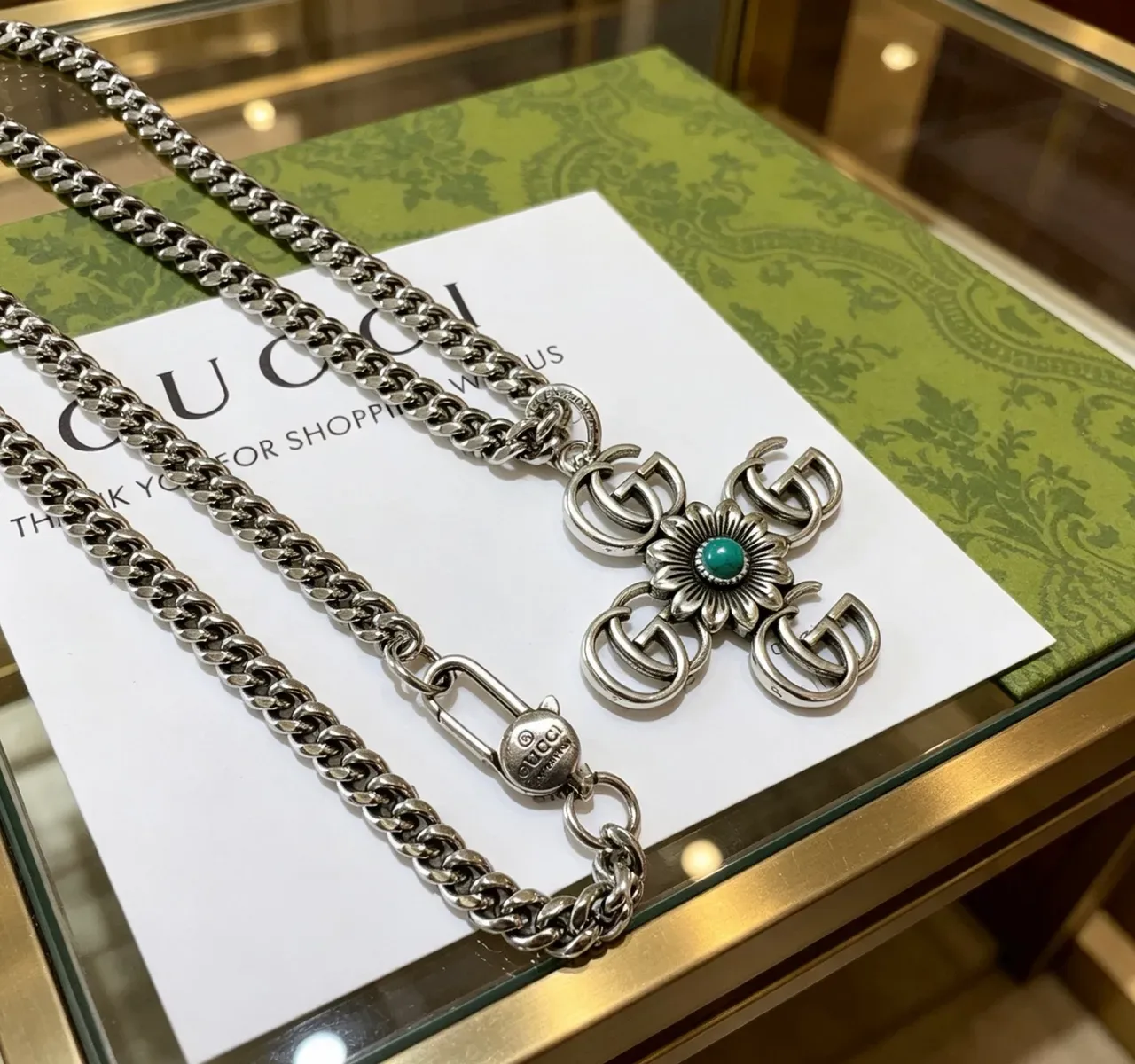 Gucci GG Marmont Silver Blue Chunky Curb Chain Cross Pendant Necklace 2