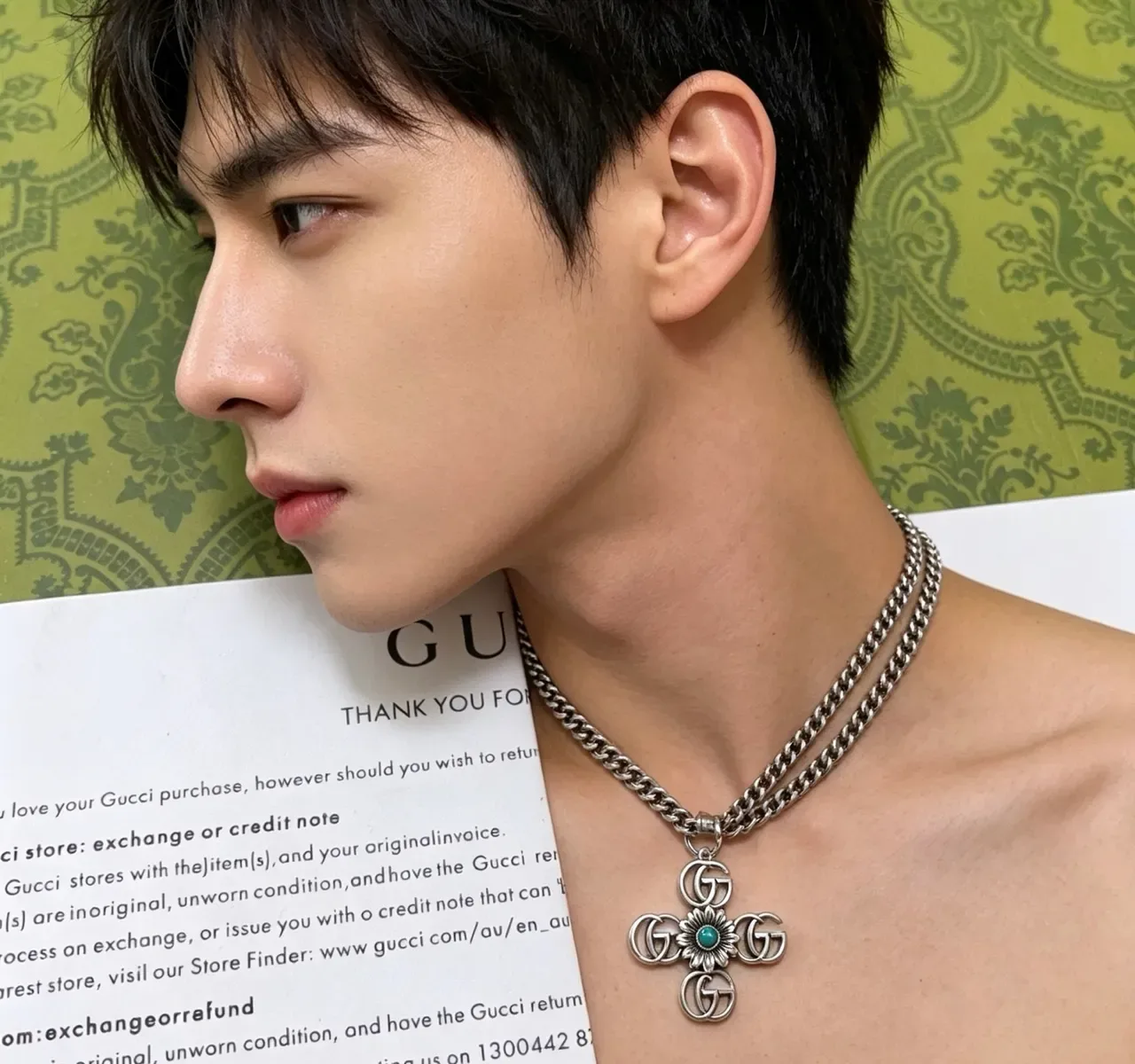 Gucci GG Marmont Silver Blue Chunky Curb Chain Cross Pendant Necklace 3