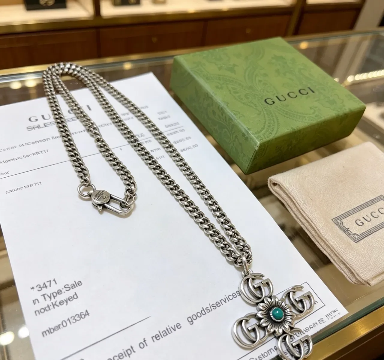 Gucci GG Marmont Silver Blue Chunky Curb Chain Cross Pendant Necklace 7