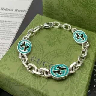 Gucci GG Marmont Silver Blue Chunky Link Chain Enamel Medallions Bracelet